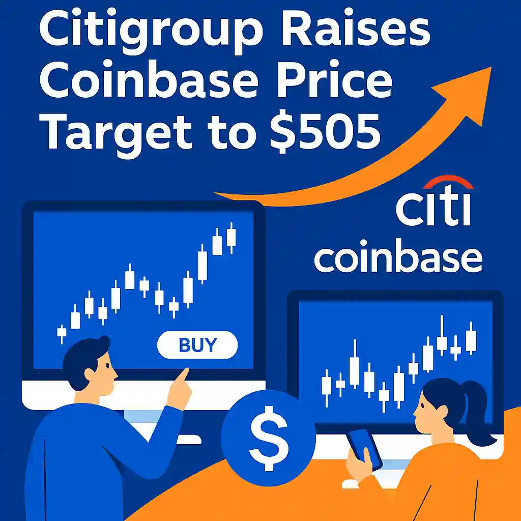 Illustration showing Citigroup increasing Coinbase price target with two traders analyzing bullish charts on computer screens, surrounded by crypto and financial symbols.
