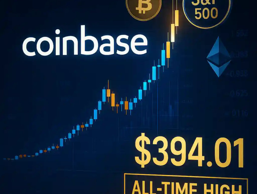 Coinbase logo with explosive candlestick chart, golden $394.01 label, Bitcoin and Ethereum symbols, and S&P 500 badge over a dark financial background.