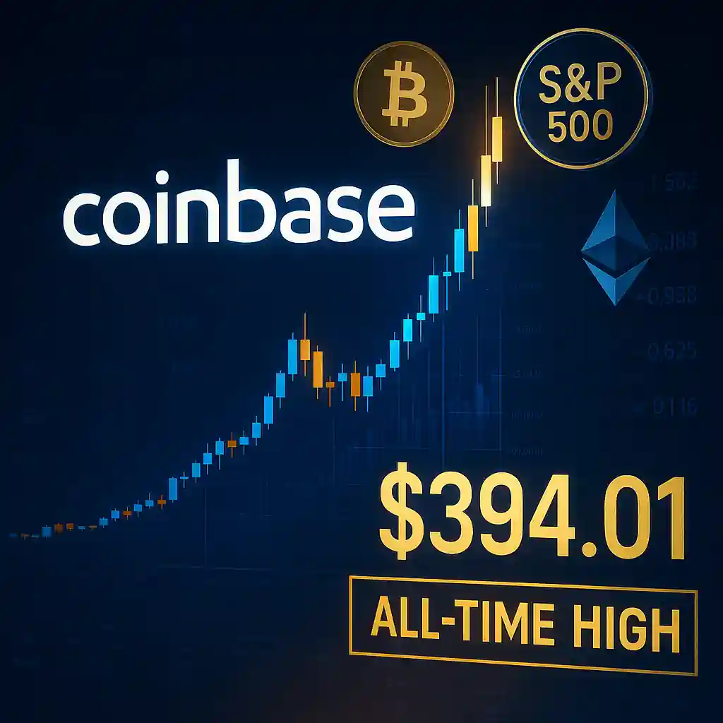 Coinbase logo with explosive candlestick chart, golden $394.01 label, Bitcoin and Ethereum symbols, and S&P 500 badge over a dark financial background.