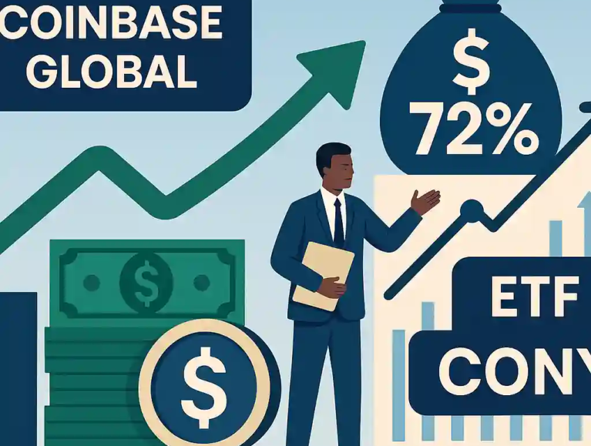 Illustration d’un homme en costume, d’un graphique haussier et d’un sac marqué « 72 % » représentant l’ETF CONY lié à Coinbase.