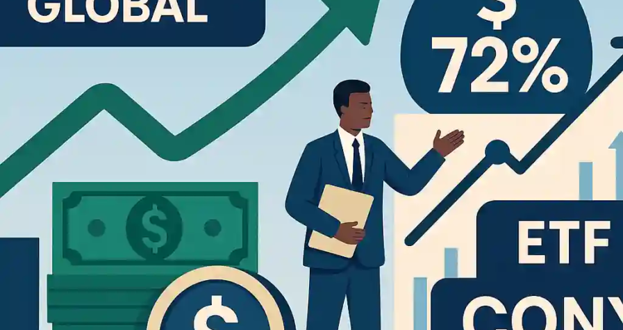 Illustration d’un homme en costume, d’un graphique haussier et d’un sac marqué « 72 % » représentant l’ETF CONY lié à Coinbase.