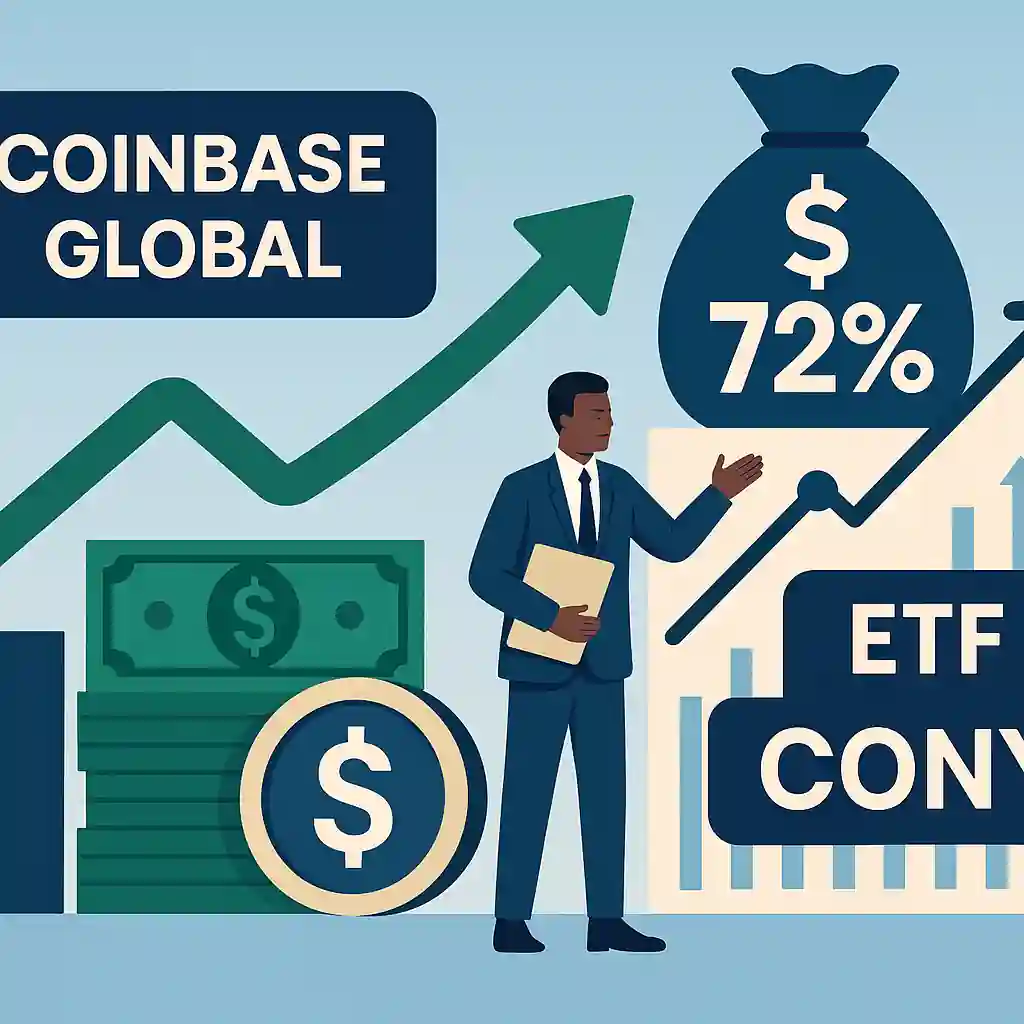 Illustration d’un homme en costume, d’un graphique haussier et d’un sac marqué « 72 % » représentant l’ETF CONY lié à Coinbase.