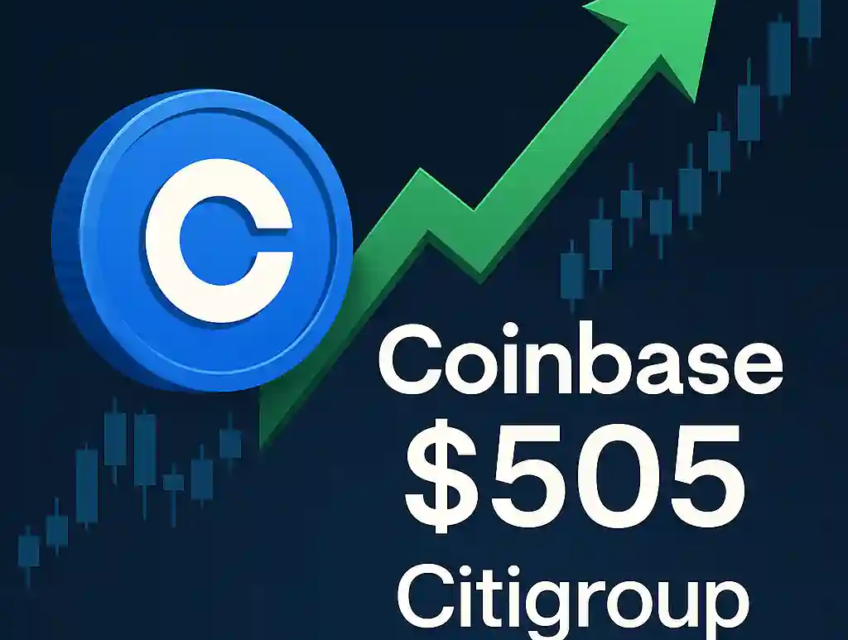Coinbase logo with green arrow and $505 price target by Citigroup on stock chart background