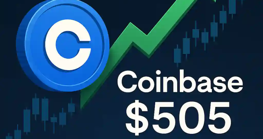 Coinbase logo with green arrow and $505 price target by Citigroup on stock chart background