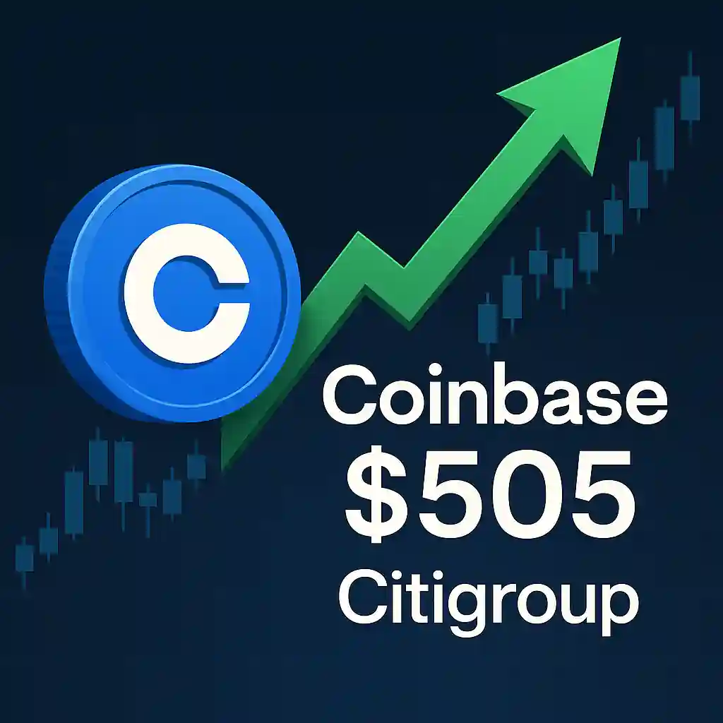 Coinbase logo with green arrow and $505 price target by Citigroup on stock chart background