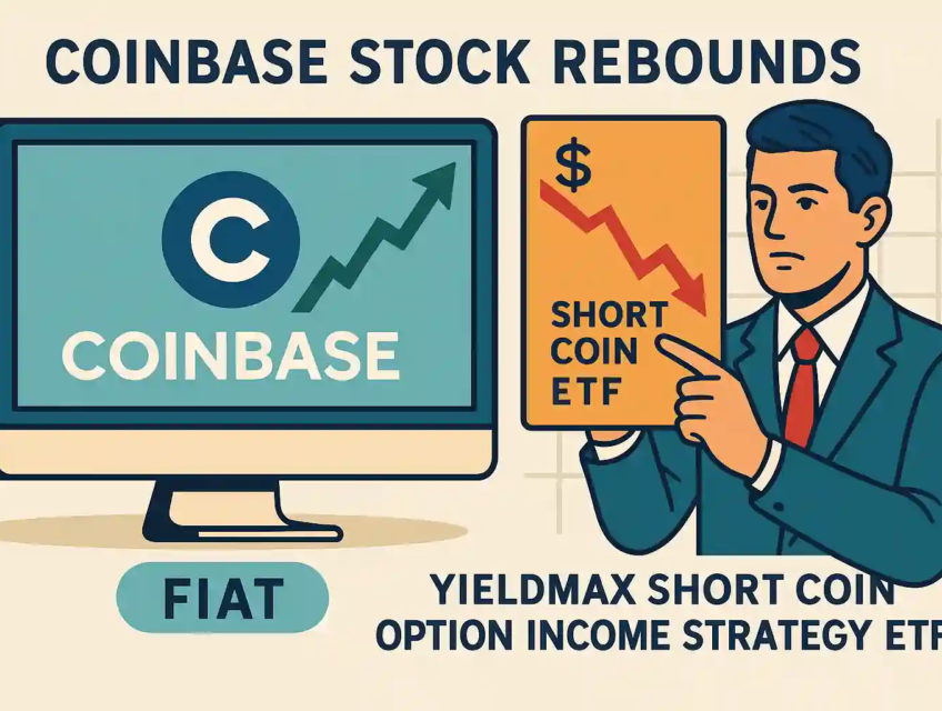 Graphique contrasté illustrant la hausse de Coinbase et la baisse du Short COIN ETF (FIAT), soulignant deux visions opposées