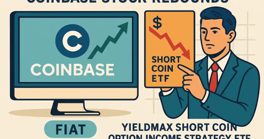 Graphique contrasté illustrant la hausse de Coinbase et la baisse du Short COIN ETF (FIAT), soulignant deux visions opposées
