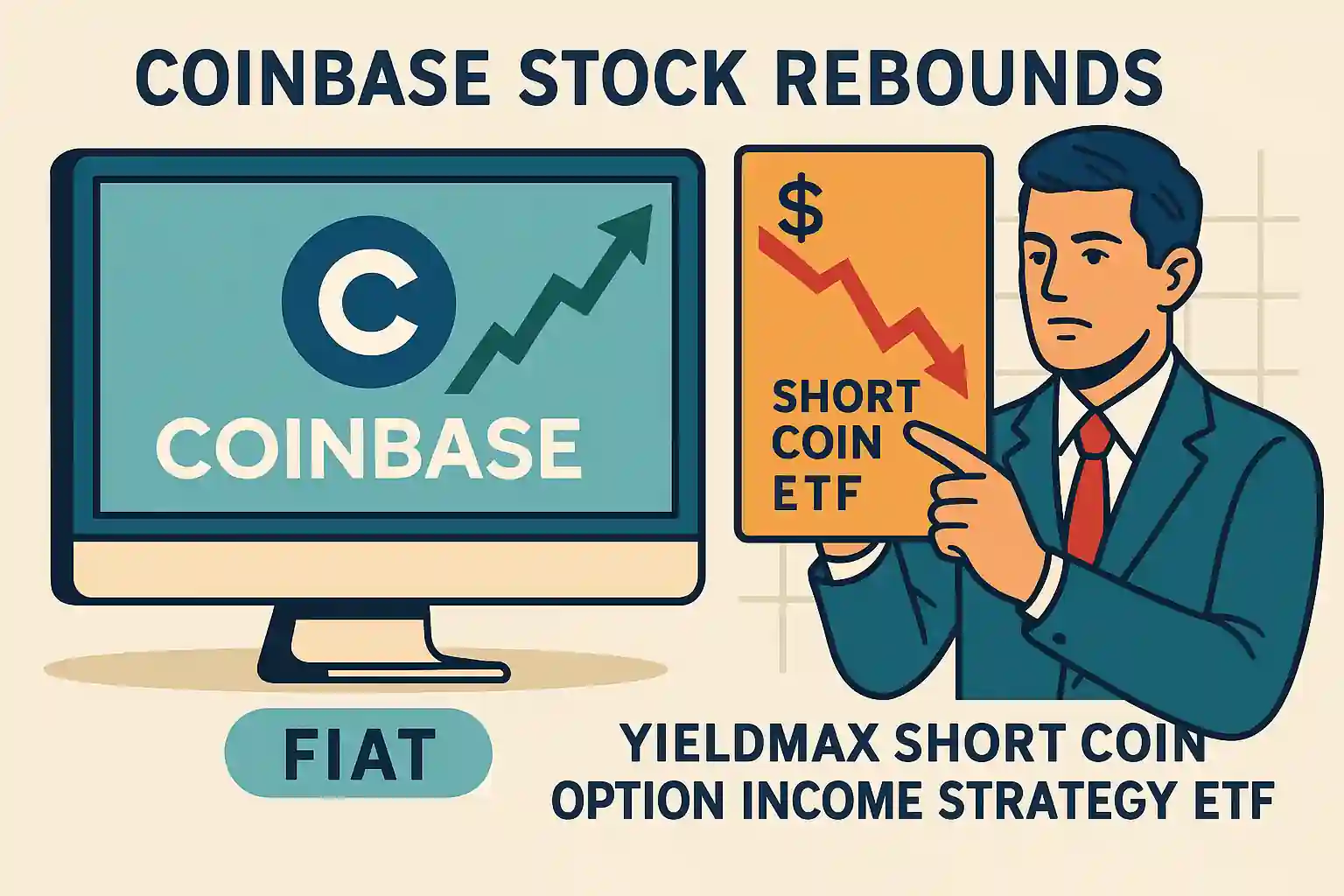 Graphique contrasté illustrant la hausse de Coinbase et la baisse du Short COIN ETF (FIAT), soulignant deux visions opposées