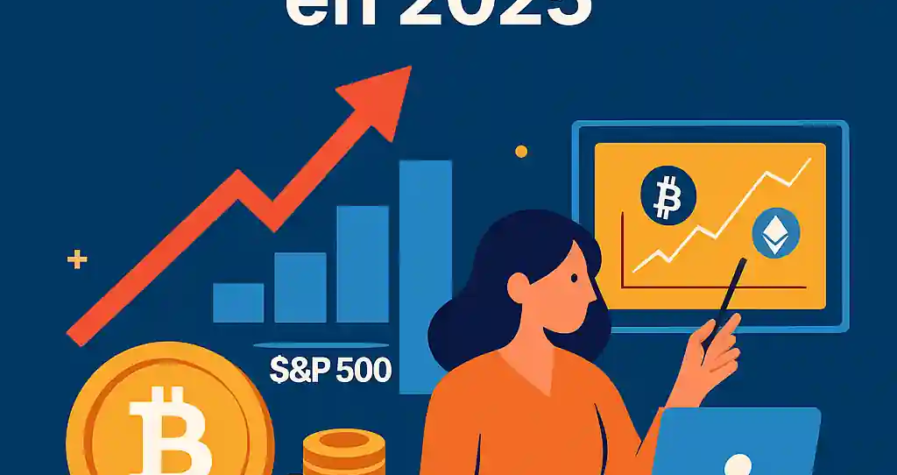 Infographie illustrant le record boursier de Coinbase en 2025 avec flèche ascendante, graphique, Bitcoin et S&P 500.
