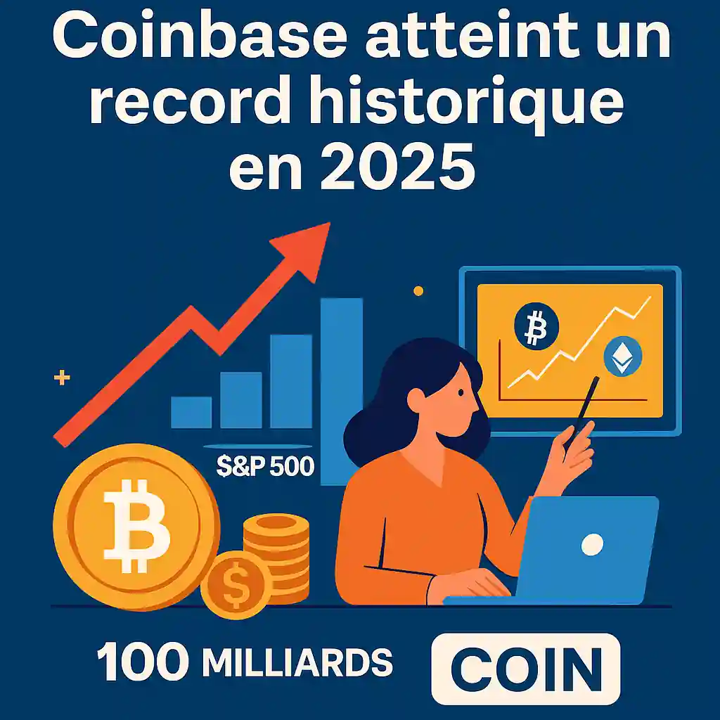 Infographie illustrant le record boursier de Coinbase en 2025 avec flèche ascendante, graphique, Bitcoin et S&P 500.