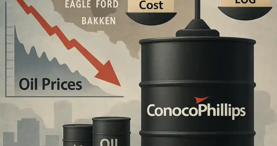ConocoPhillips oil barrel with declining oil price chart and U.S. shale map in background.