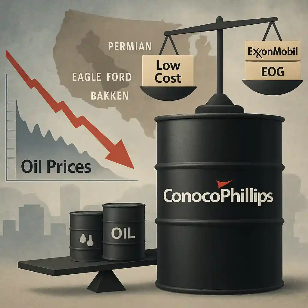 ConocoPhillips oil barrel with declining oil price chart and U.S. shale map in background.