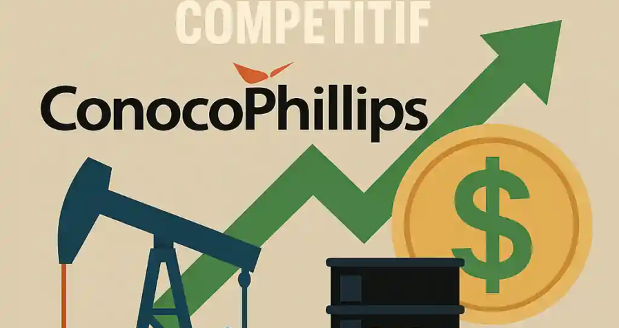 Illustration du modèle économique de ConocoPhillips avec un derrick pétrolier, un baril à moins de 40 $, une flèche verte haussière et un dollar.
