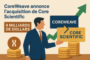 Illustration de l’acquisition de Core Scientific par CoreWeave pour 9 milliards, avec flèche montante, pièces et panneau d’entreprise.