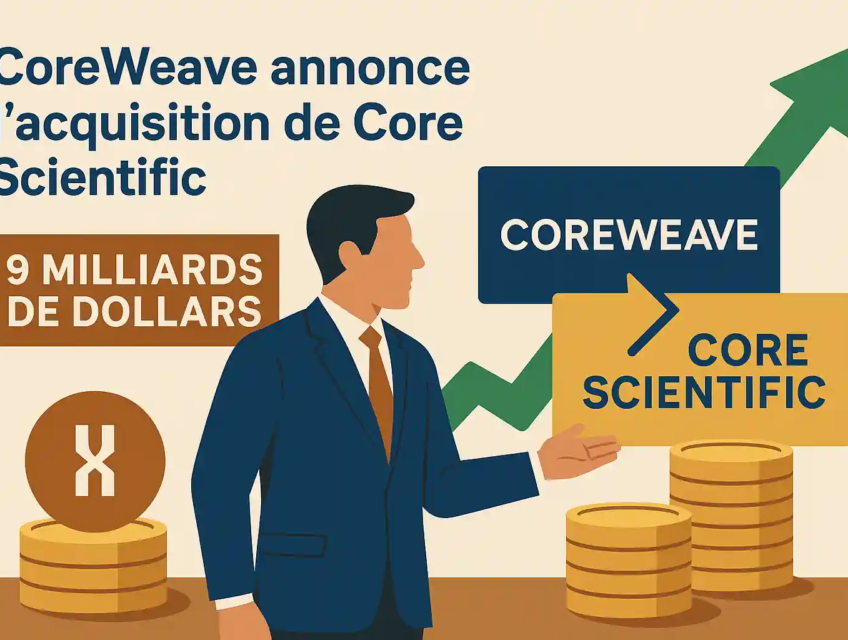 Illustration de l’acquisition de Core Scientific par CoreWeave pour 9 milliards, avec flèche montante, pièces et panneau d’entreprise.