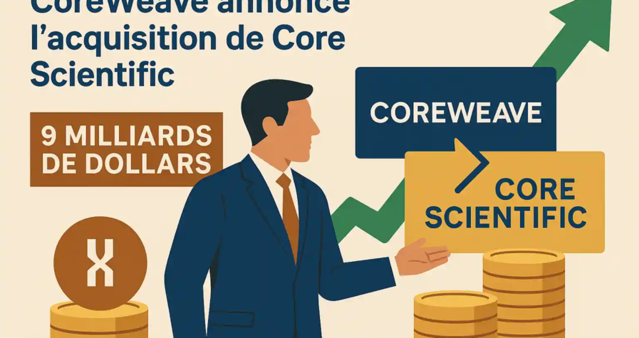 Illustration de l’acquisition de Core Scientific par CoreWeave pour 9 milliards, avec flèche montante, pièces et panneau d’entreprise.
