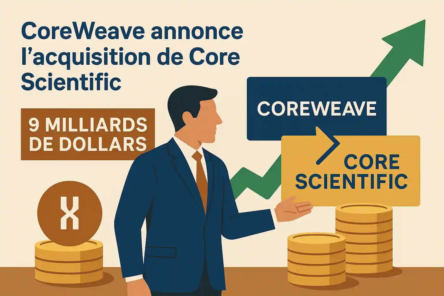 Illustration de l’acquisition de Core Scientific par CoreWeave pour 9 milliards, avec flèche montante, pièces et panneau d’entreprise.