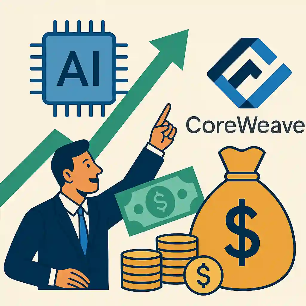 Illustration d’un homme d’affaires montrant une puce IA, avec flèche verte et logo CoreWeave, symbolisant la transition vers l’intelligence artificielle.