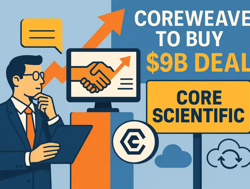 Businessman observing CoreWeave’s $9B acquisition of Core Scientific, with handshake graphic, upward arrow, and company branding.