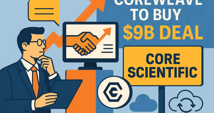 Businessman observing CoreWeave’s $9B acquisition of Core Scientific, with handshake graphic, upward arrow, and company branding.