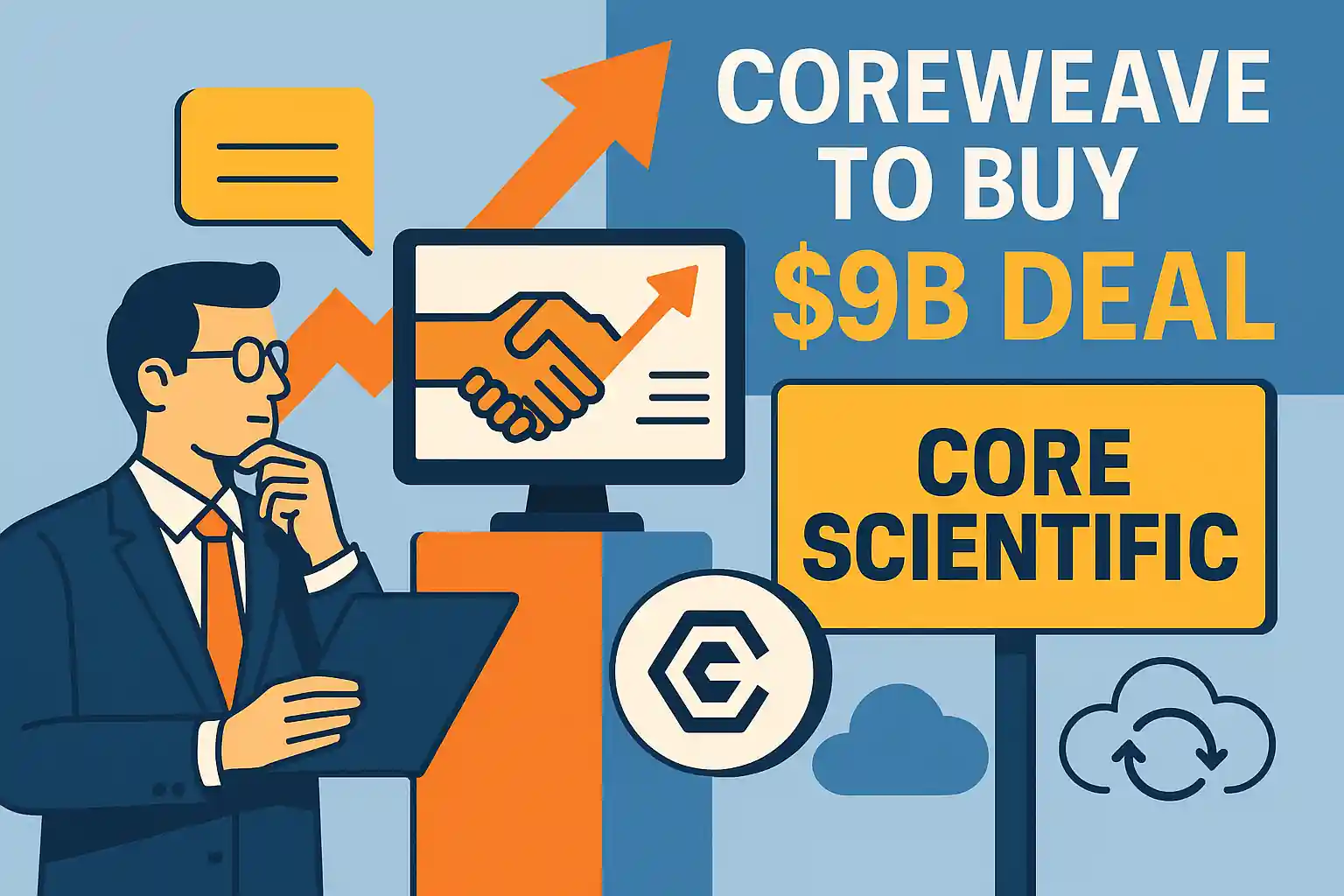 Businessman observing CoreWeave’s $9B acquisition of Core Scientific, with handshake graphic, upward arrow, and company branding.