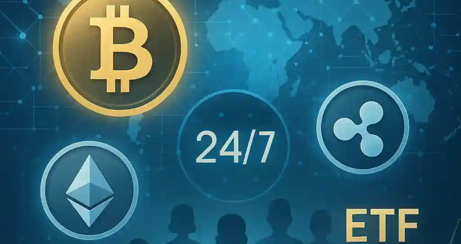 World map glowing with blockchain nodes, featuring Bitcoin, Ethereum, and Ripple symbols, ETF label, and silhouettes symbolizing financial inclusion.
