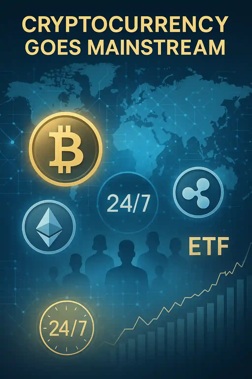 World map glowing with blockchain nodes, featuring Bitcoin, Ethereum, and Ripple symbols, ETF label, and silhouettes symbolizing financial inclusion.