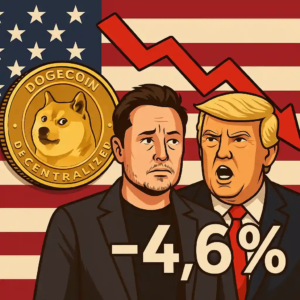 Illustration de Dogecoin chutant de 4,6 %, avec Elon Musk, Donald Trump et une flèche rouge sur fond américain.