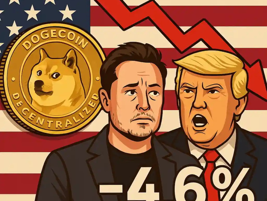 Illustration de Dogecoin chutant de 4,6 %, avec Elon Musk, Donald Trump et une flèche rouge sur fond américain.