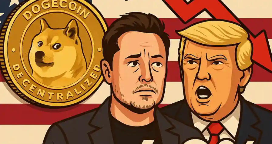 Illustration de Dogecoin chutant de 4,6 %, avec Elon Musk, Donald Trump et une flèche rouge sur fond américain.