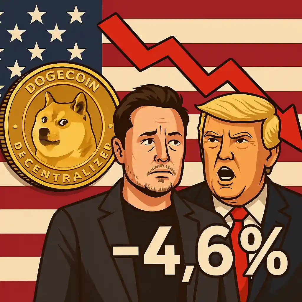 Illustration de Dogecoin chutant de 4,6 %, avec Elon Musk, Donald Trump et une flèche rouge sur fond américain.