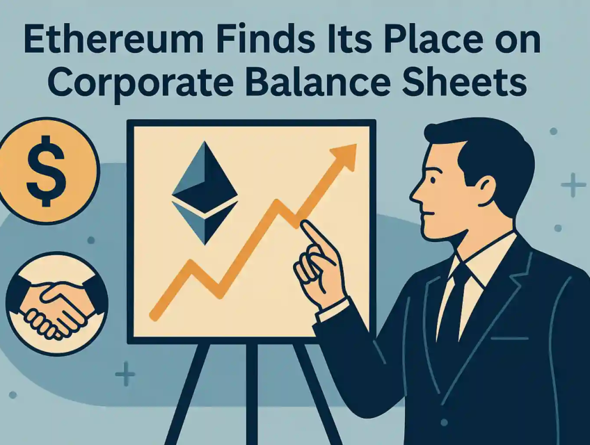 Flat-style digital illustration showing Ethereum logo rising on a business screen, symbolizing ETH adoption by corporate treasuries.