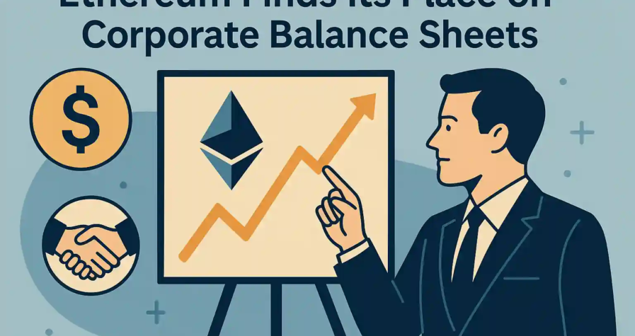 Flat-style digital illustration showing Ethereum logo rising on a business screen, symbolizing ETH adoption by corporate treasuries.