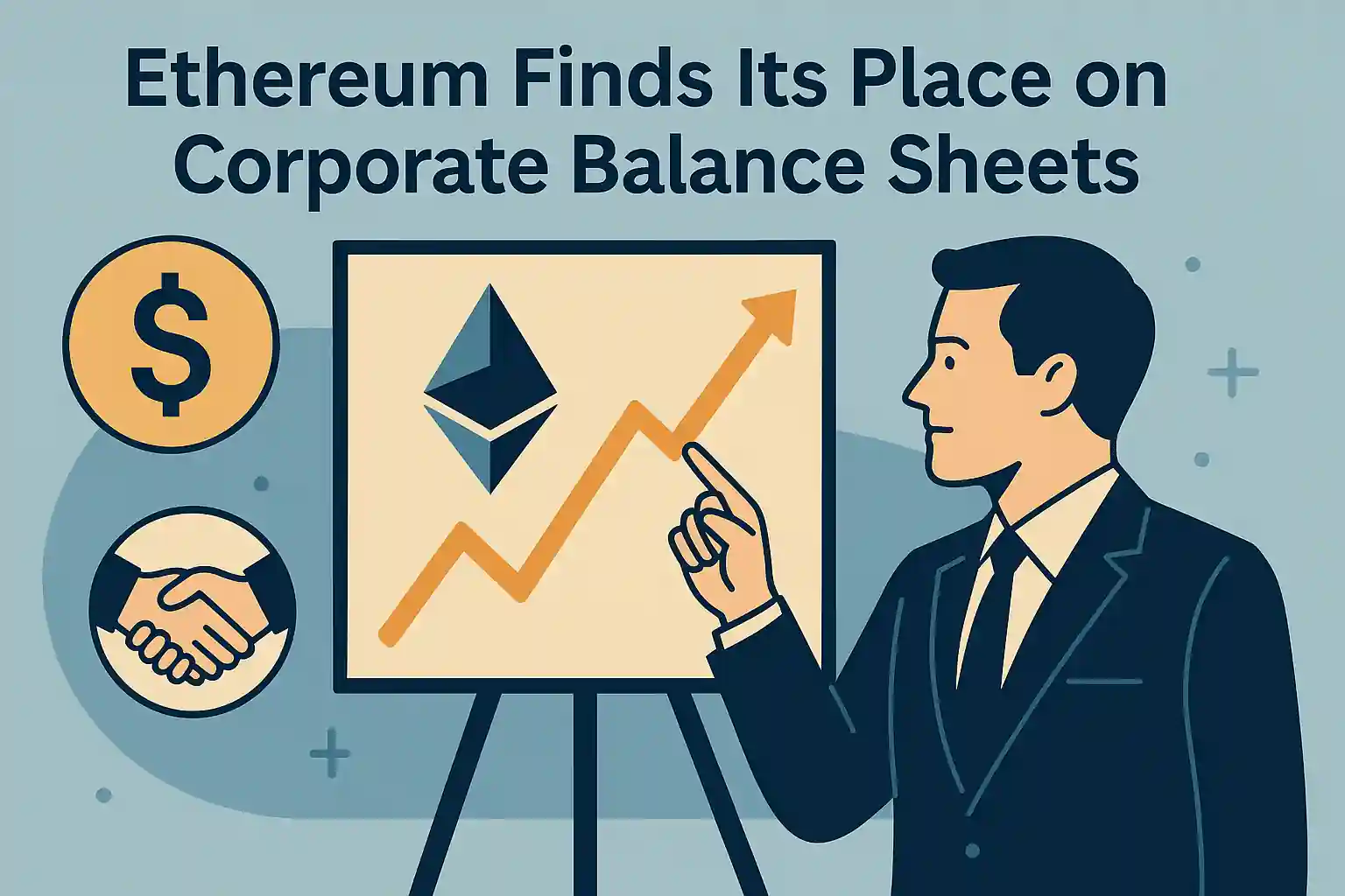 Flat-style digital illustration showing Ethereum logo rising on a business screen, symbolizing ETH adoption by corporate treasuries.