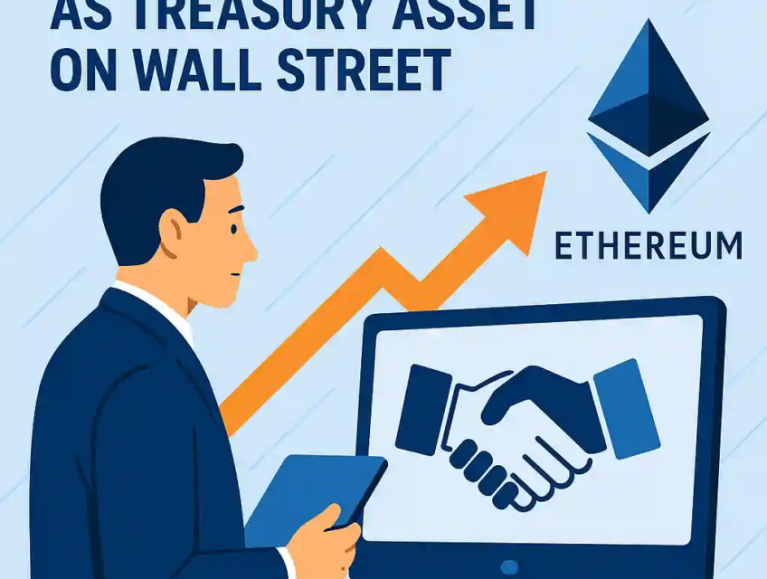 Businessman with tablet reviewing Ethereum’s growing role on Wall Street, with handshake icon, rising arrow, and Ethereum logo.