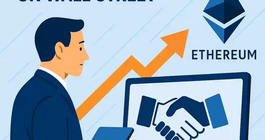 Businessman with tablet reviewing Ethereum’s growing role on Wall Street, with handshake icon, rising arrow, and Ethereum logo.