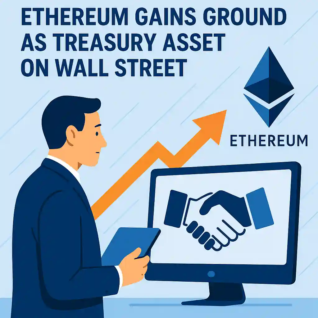 Businessman with tablet reviewing Ethereum’s growing role on Wall Street, with handshake icon, rising arrow, and Ethereum logo.