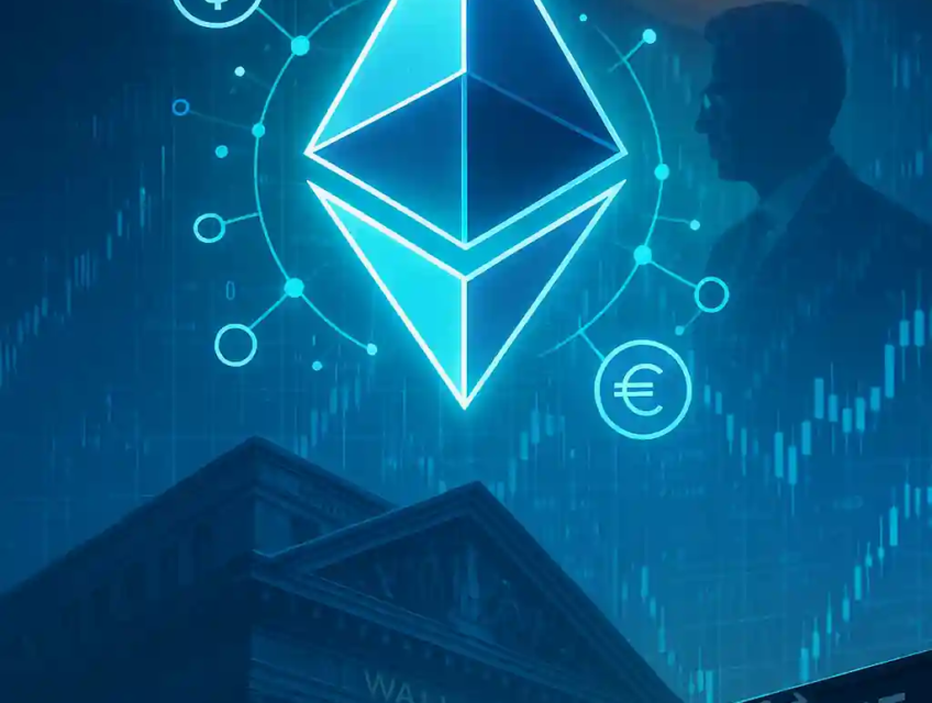 Digital Ethereum logo above Wall Street building symbolizing financial decentralization and crypto dominance