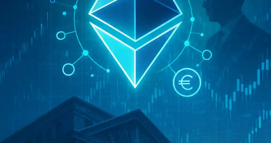 Digital Ethereum logo above Wall Street building symbolizing financial decentralization and crypto dominance