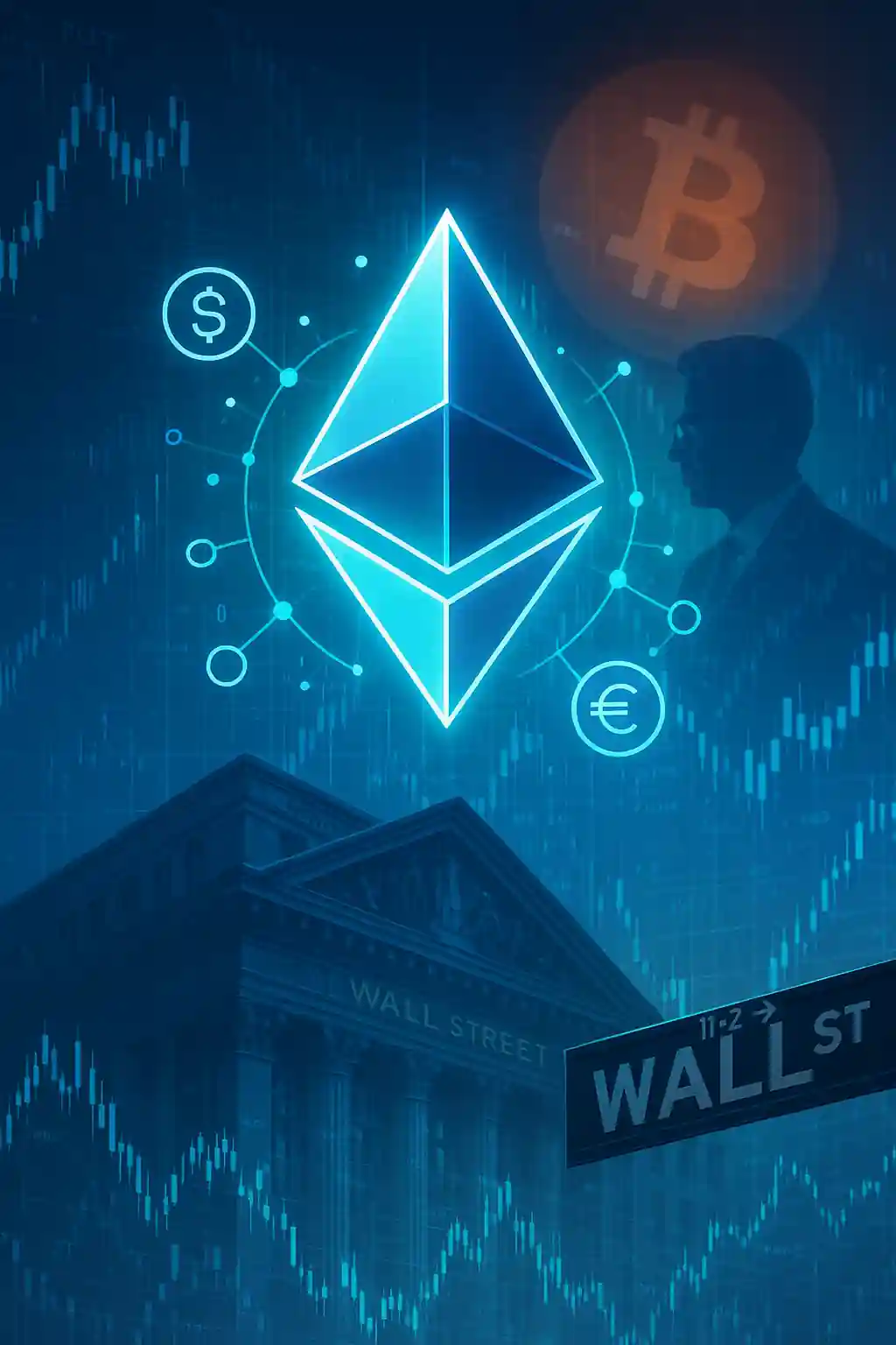 Digital Ethereum logo above Wall Street building symbolizing financial decentralization and crypto dominance