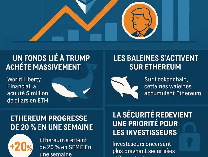 Infographie illustrant la hausse d’Ethereum à 3 500 $, avec graphiques, baleines, Trump et prévisions.