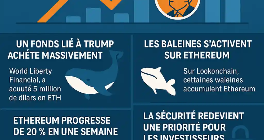 Infographie illustrant la hausse d’Ethereum à 3 500 $, avec graphiques, baleines, Trump et prévisions.