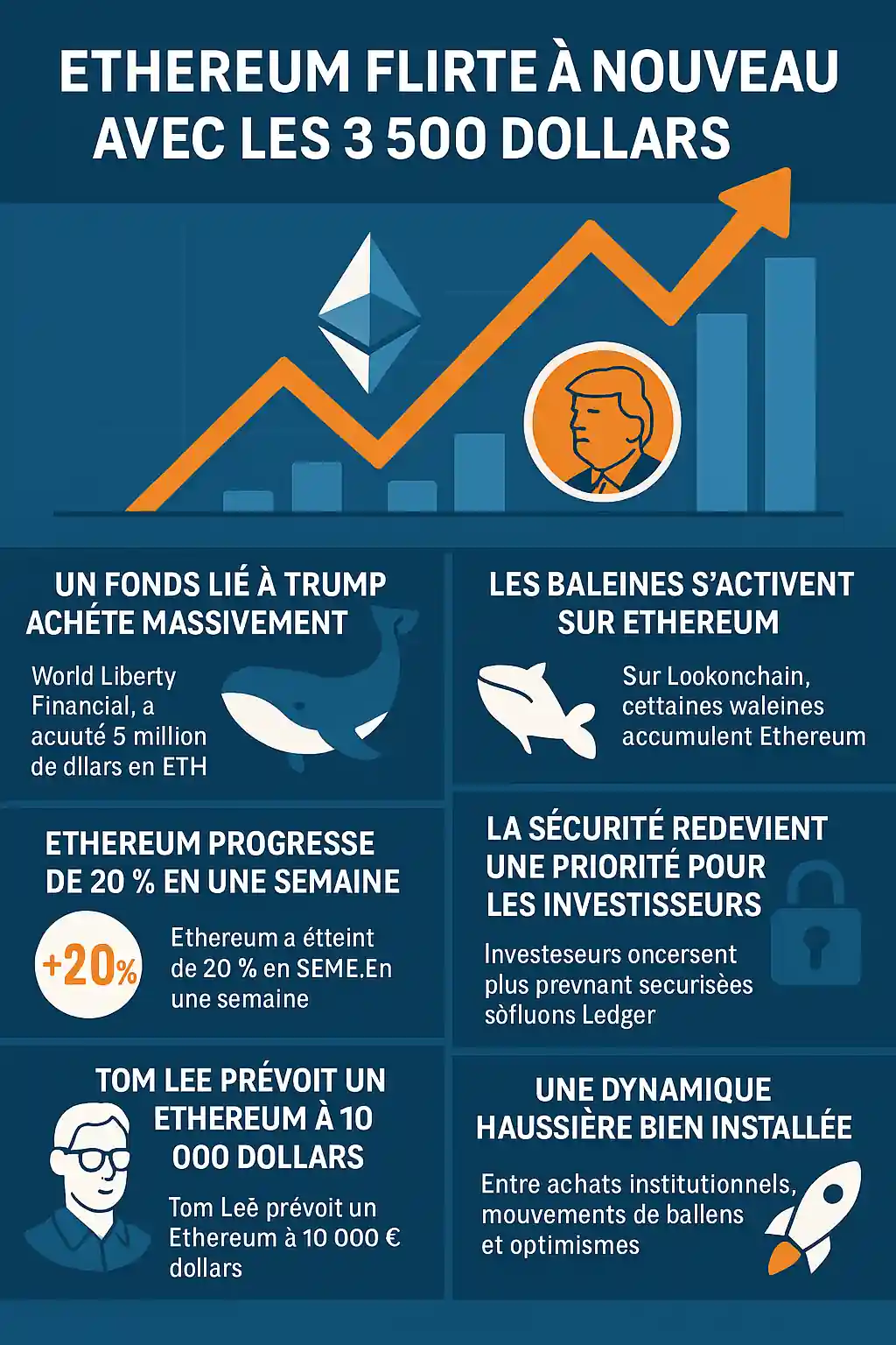 Infographie illustrant la hausse d’Ethereum à 3 500 $, avec graphiques, baleines, Trump et prévisions.