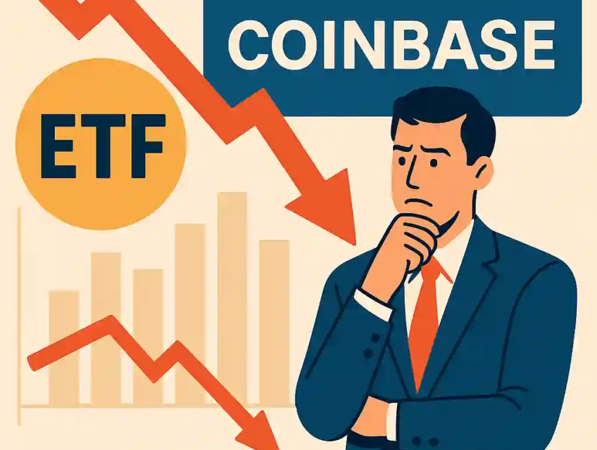 A concerned investor observing a market chart with a sharp downward trend, Coinbase symbol, and "FIAT" ETF label, reflecting the ETF's struggles.