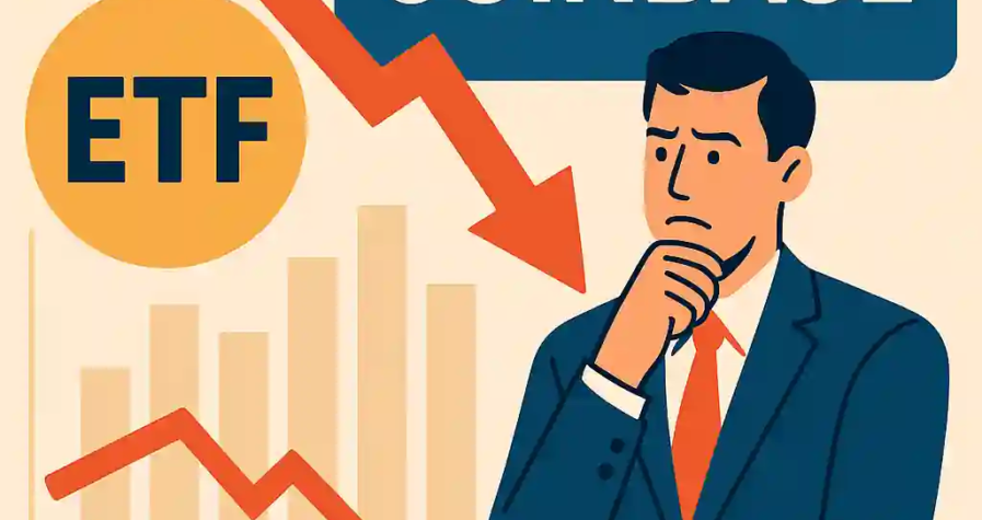 A concerned investor observing a market chart with a sharp downward trend, Coinbase symbol, and "FIAT" ETF label, reflecting the ETF's struggles.
