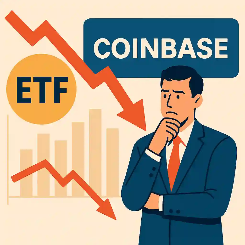 A concerned investor observing a market chart with a sharp downward trend, Coinbase symbol, and "FIAT" ETF label, reflecting the ETF's struggles.