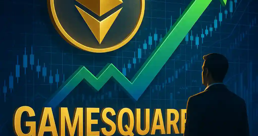 Golden Ethereum logo with green arrow and GameSquare name representing DeFi investment growth