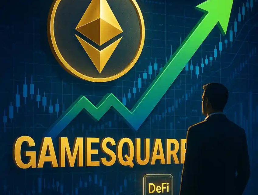 Golden Ethereum logo with green arrow and GameSquare name representing DeFi investment growth
