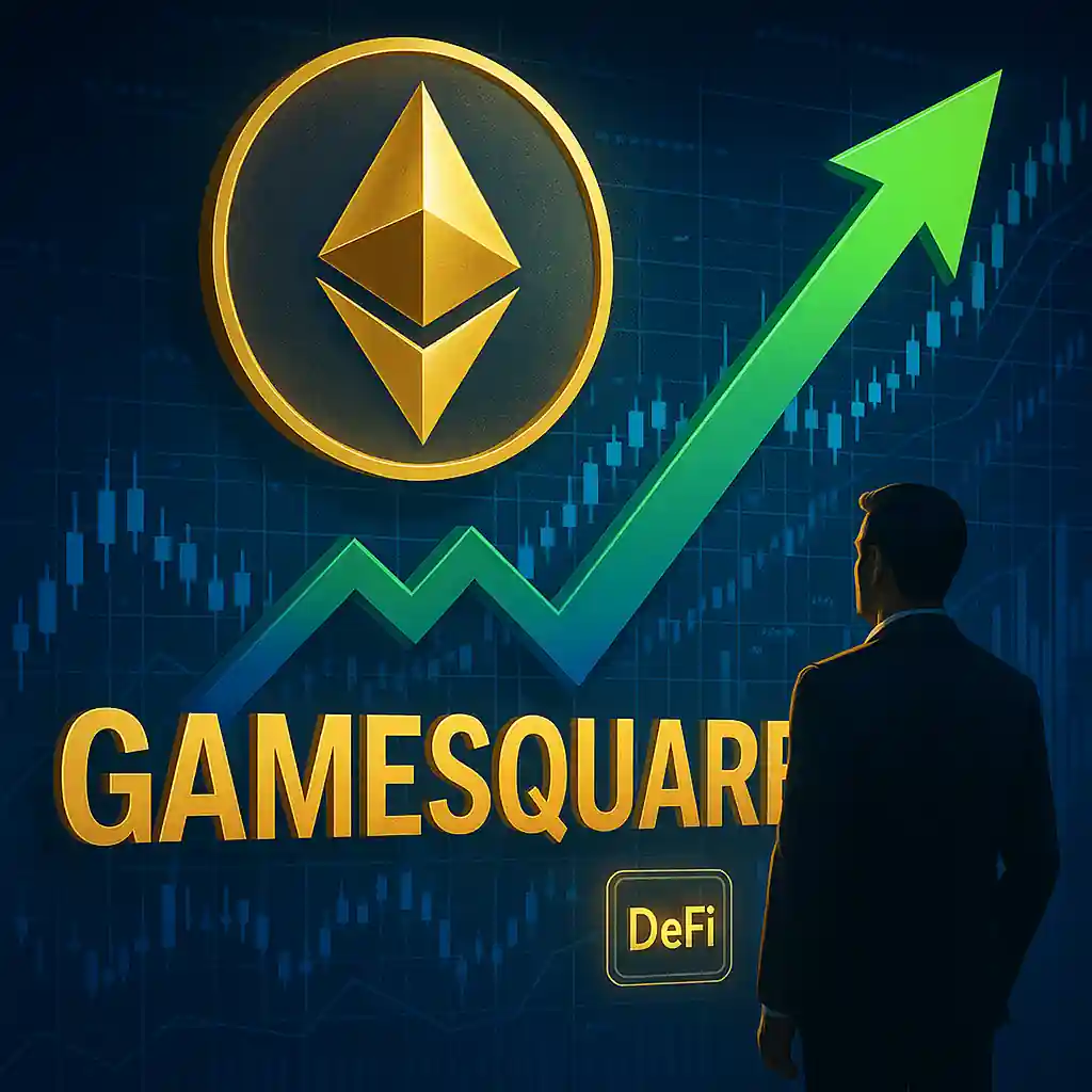 Golden Ethereum logo with green arrow and GameSquare name representing DeFi investment growth