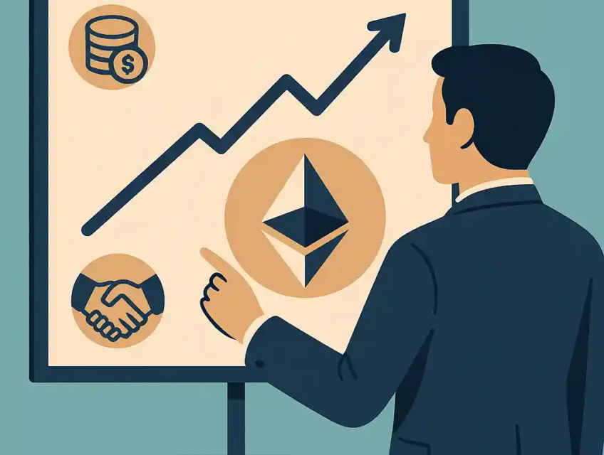 Businessman points to rising Ethereum chart with dollar coin and handshake icons, representing GameSquare’s Ethereum treasury move.